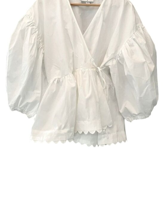 Kika Vargas Tops - Kika Vargas 3XL Target White Puff Sleeve Wrap Scallop Edge Blouse Summer Cotton